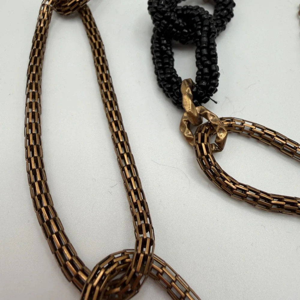 Chicos Womens Antique Gold Mesh and Black Seed Bead‎ Adjustable Chain Belt